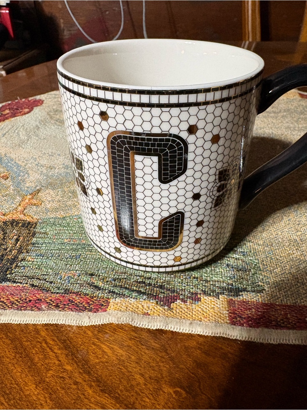 C Monogram Ceramic Coffee Mug in White and Black with Gold Accents